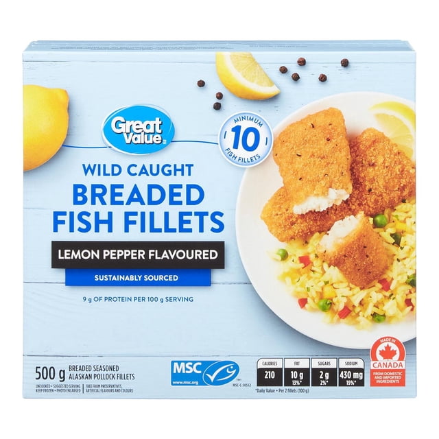 Great Value Lemon Pepper Flavoured Breaded Fish Fillets box showing wild caught, sustainably sourced Alaskan pollock with a minimum of 10 fillets in a 500 g package, nutrition facts, and a plate with breaded fish fillets served alongside seasoned rice, peas, lemon wedges, and peppercorns.
