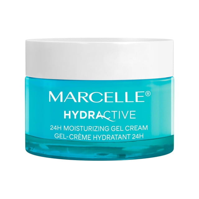 Marcelle Hydractive 24H Moisturizing Gel Cream in a 50 ml translucent turquoise jar with a white lid, labeled with white text, designed as a face moisturizer that provides long-lasting hydration and strengthens the skin’s moisture barrier.