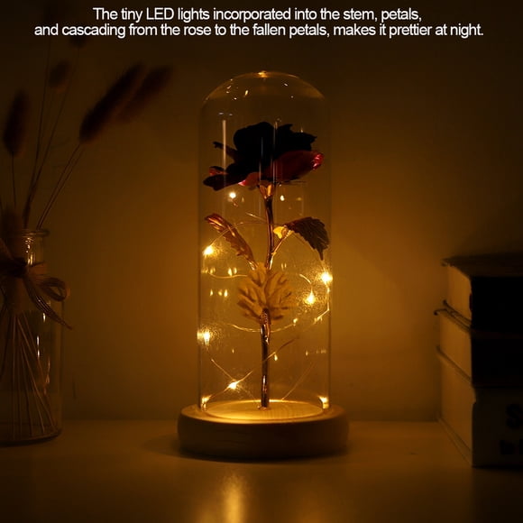 Rdeghly Rose Flower with Glass Cover,Preserved Rose Flower LED Light with Glass Cover & Wooden Base Valentines'Day Wedding Gift ,Preserved Rose Flower