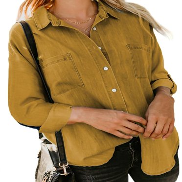 Women Trendy Jean Shirt Lapel Long Sleeve Button-Up Relax Fit Denim Blouse