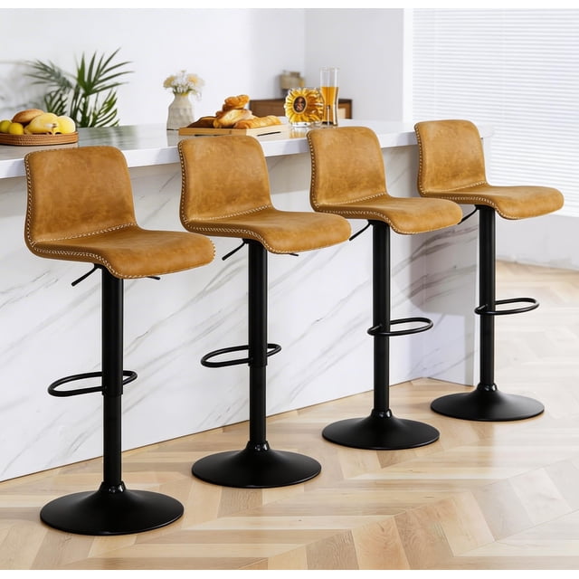Bar Stools Set of 4, Height Adjustable Swivel Barstools, Bar Chairs with Backs & Metal Footrest for Home Kitchen, Barstools for Kitchen Dining Reception, PU Leather, Brown