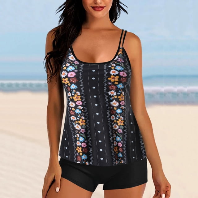 EGNMCR Swimsuit Women Two Piece Bathing Suits Floral Print Tank Tops With Boyshorts Tummy Control Swimming Suits,