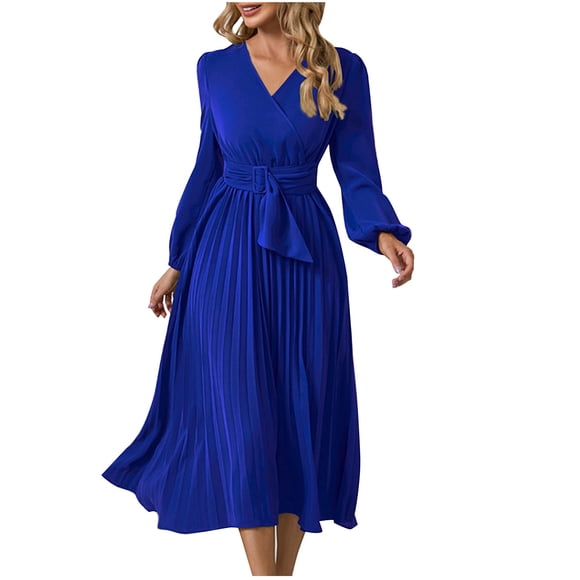EGNMCR Women Slim Pleated Long Dress Long Sleeve Elegant V Neck A Line Belt Dress Slim Party Dress Birthday Gifts for Her