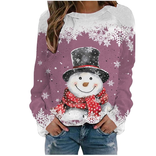 Kcodviy Women's Autumn and Winter Comfortable Sweatshirts Women Christmas Snowflake Snowman Printed Apparel T Round Neck Shoulder Long Body Suits Women Sweater Sleeved Casual Sports Sweatshirt