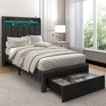 thumbnail image 1 of SIBEDS LED Bed Frame with Drawer Pockets and Linen Upholstered Dark Gray Wingback Headboard, Twin, 1 of 7