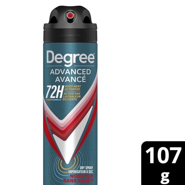 Degree Men Advanced Dry Spray Antiperspirant Deodorant for 72-hour sweat and odour protection with MotionSense® technology, in a blue and silver aerosol can with red and white chevron design and black spray nozzle, ideal for active daily use.