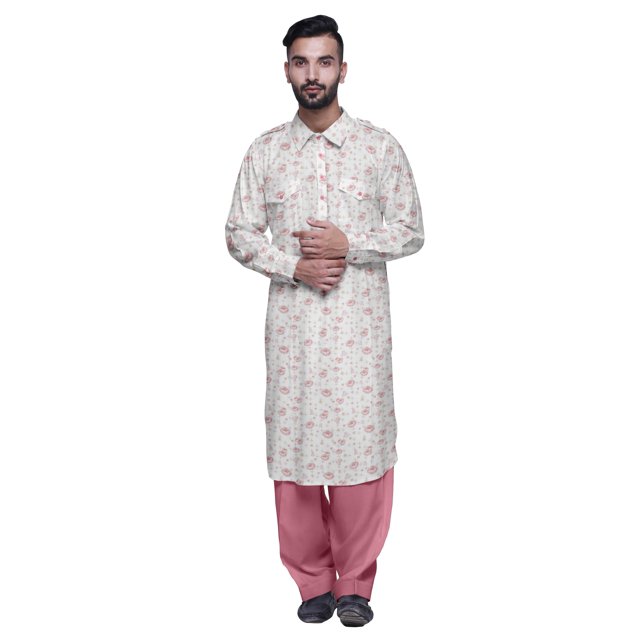 Atasi Printed Rayon Pathani Kurta With Solid Salwar For Mens Party Wear