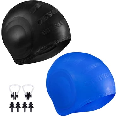 2 Pack Unisex Swim Caps with 3D Ear Protection, Durable Flexible Silicone Swimming Hats for Women Men Kids Adults, Waterproof Bathing Swimming Caps for Short/Long Hair with Ear Plugs and Nose Clip