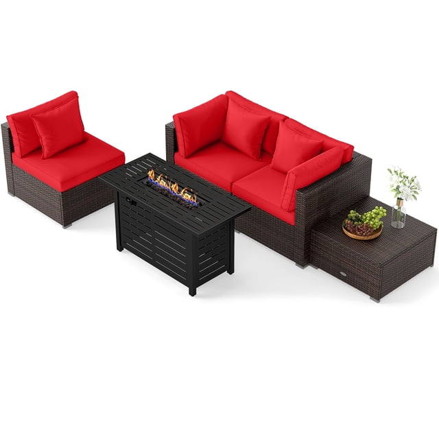 Gymax Ensemble de 5 Meubles de Patio Ensemble de Canapé à Cadre Robuste avec Table Foyer 60000 BTU Rouge