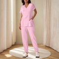 thumbnail image 2 of Sentmoon Summer Two Piece Sets for Women Womens Trendy Tops and Business Pants Short Sleeve V Neck Lightweight Tops & Blouses Loose Solid Color Button Down 90s Outfits for Women for Fall Hiking, 2 of 7