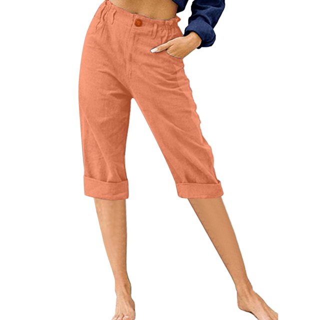 Innerwin Pantalon Capri Taille Haute pour Femmes par Innerwin m Plage à Boutons Capris de Détente, Orange