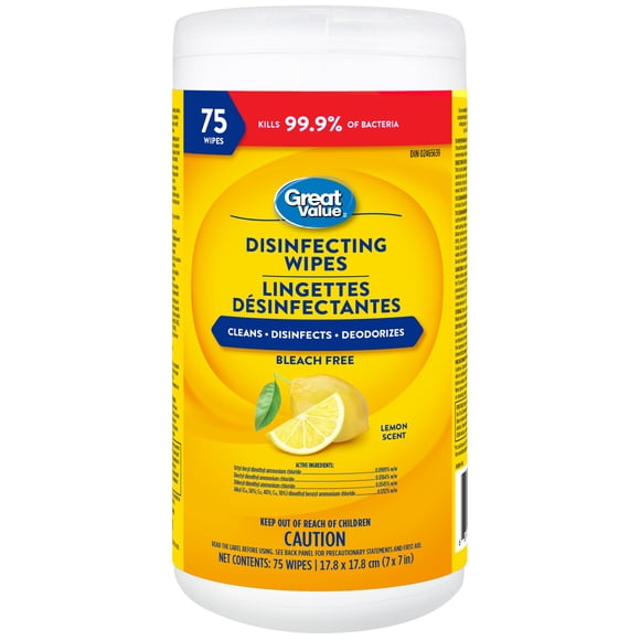 Great Value lingettes désinfectantes parfum de citron, 75ct