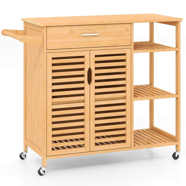 Costway 35.5" Kitchen Island Cart with Lockable Wheels, featuring a natural bamboo finish. The cart includes a spacious countertop, a drawer, a 2-door cabinet with slatted doors, and three open side shelves for optimal storage. A built-in towel bar doubles as a push handle. Equipped with four universal wheels, two of which are lockable for stability. The slatted design ensures ventilation, making it suitable for kitchen, dining, or living spaces. Dimensions: 41" x 16" x 35" (L x W x H).