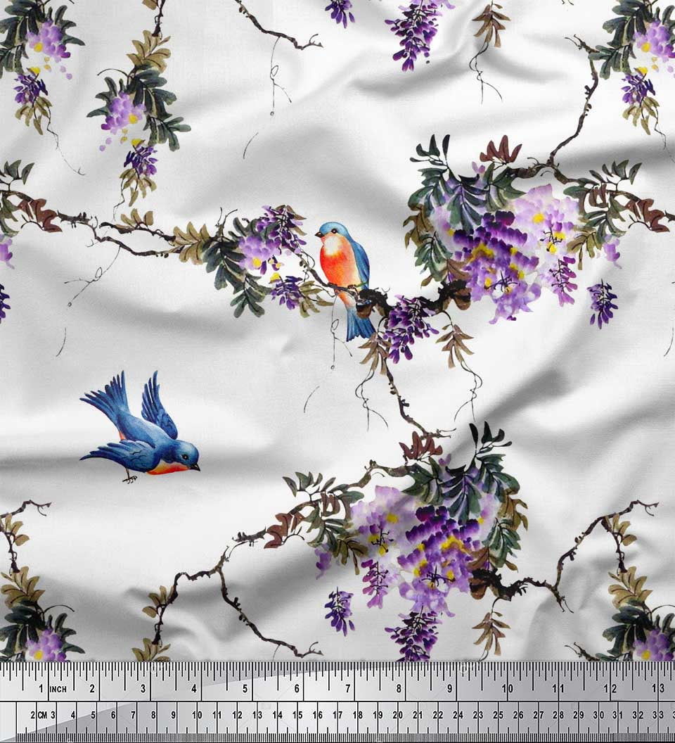 Soimoi White polyester Crepe Fabric Floral & Flowerpecker Bird Fabric Prints By Yard 42 Inch Wide