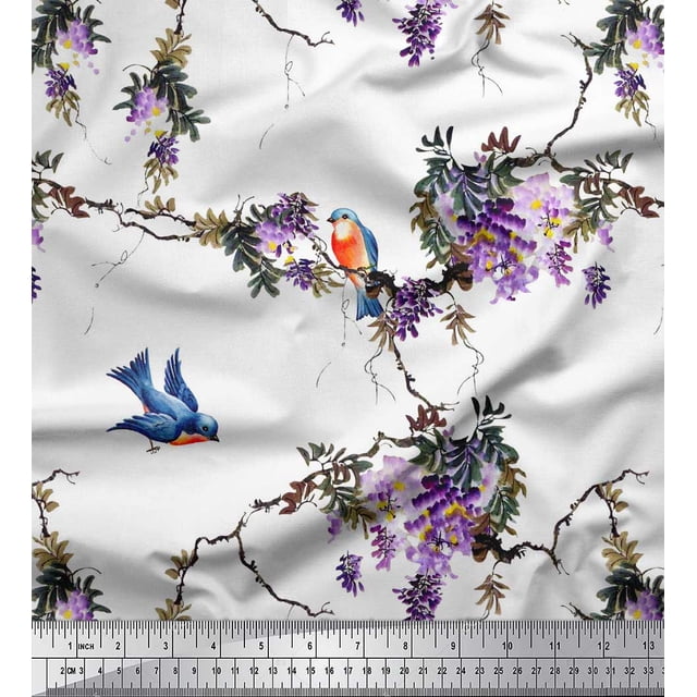 Soimoi White Rayon Fabric Floral & Flowerpecker Bird Print Sewing Fabric BTY 42 Inch Wide