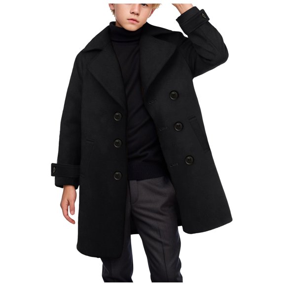 Splozh Girls' Outerwear Jackets Coats Boys Dress Coats Double Trench Coat Winter Coat with Pockets Black,13-14 Years