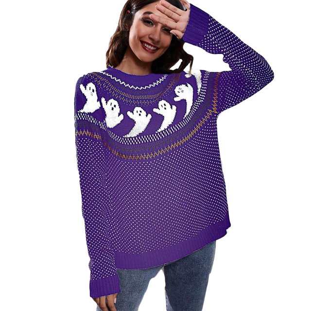 TIMIFIS Chandail Tricoté d'Halloween pour Femmes avec Motif de Citrouille Toile d'Araignée Fantôme Mignon Gothique Mode Urbaine à Manches Longues Col Rond chandail d'Extérieur Chandail Tricoté Automne