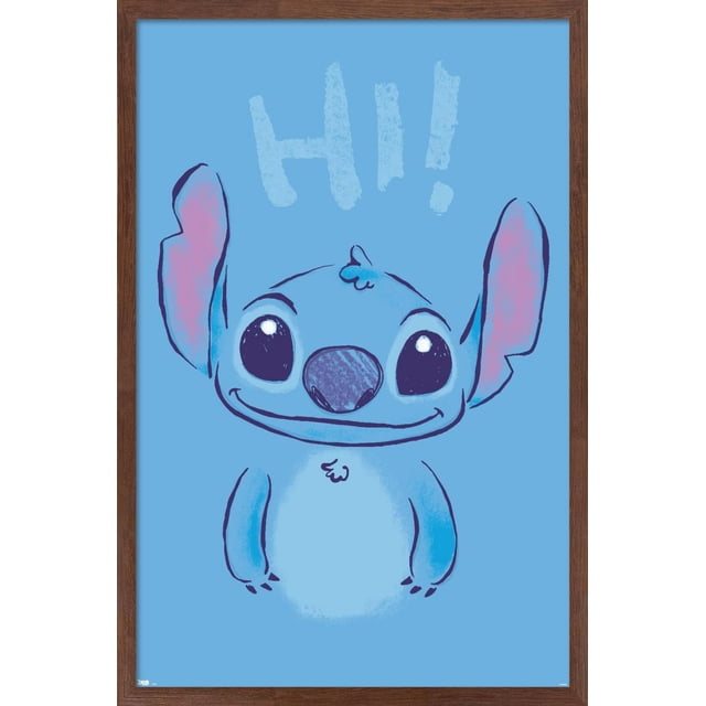 Disney Lilo and Stitch - Hi Wall Poster, 22.375" x 34" featuring a centered, front-facing cartoon of Stitch with large eyes and ears on a blue background with the word 'Hi!' above, printed on glossy poster paper in a brown wood frame, suitable for bedroom or dorm wall decor.