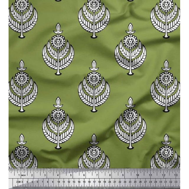Soimoi Rayon Crepe Fabric Leaves & Floral Block Print Sewing Fabric Yard 46 Inch Wide