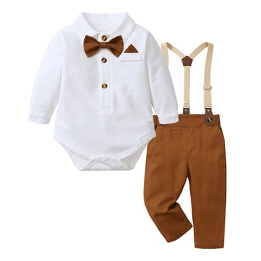 Boys Outfits Set Baby Boy Dress Up Formal Long Sleeve Shirt Bow Tie Suspenders Romper Jumpsuit for Toddlers Photo