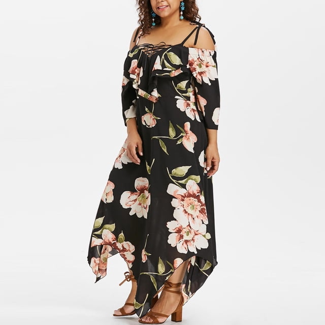 Drppepioner Women Off Shoulder Plus Size Lace Up Maxi Flowing Floral Print Dress