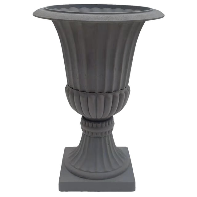Angelo Décor MenzoMix 30-inch Murano Urn Planter in dark grey rust, crafted from a sustainable blend of natural stone and recycled plastic with a textured finish, featuring a fluted urn shape with a wide rim and stable square base, includes drainage hole and removable plug, ideal for outdoor garden and porch use, and often used for decorative storage.