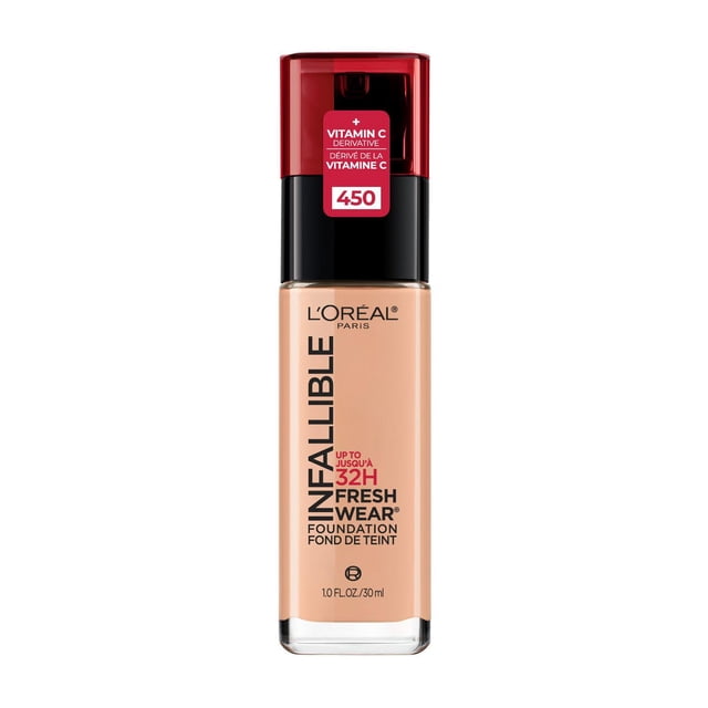 Oréal Paris Infallible L' Fond de Teint Liquide Fresh Wear Teinte 450 dans une Bouteille en Verre Rectangulaire Transparente avec Fond de Teint beige, Pompe Noire et Bouchon Translucide Rouge avec Dérivé de Vitamine C et Tenue jusqu'à 32 Heures, Offrant une Couvrance Légère et Anti-Transfert, Convenant à Tous les types de Peau.