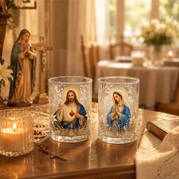 Kitchen & Dining Room Furniture,Religious Glass Cups Set Of 2 Printed Drinking Glasses Catholic Gifts For Home Altar Chapel Decor Tumblers For Water Wine Coffee 3.5 X 3.1 Inches