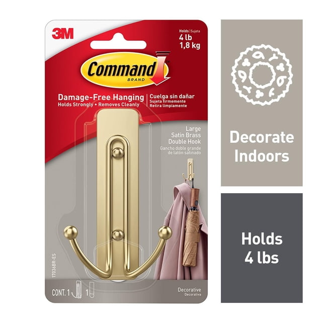 Command Hooks Décoratifs Revêtus de Métal, 17036BR-EF Grand Crochet double en satin Laiton dans Emballage avec Fond Rouge et Gris, Supporte 4 Lb (1,8 kg) pour une Suspension Sans Dommages, Montré avec Suspension de Manteau et de Parapluie, Convient au Rangement et à l'Organisation Intérieurs.