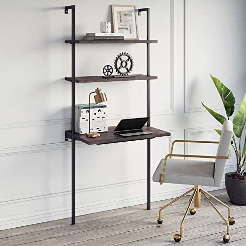 Nathan James Theo Table Échelle Industrielle Murale à 2 Tablettes, Petit Bureau d'Ordinateur Ou d'Écriture, Muscade/noir Mat