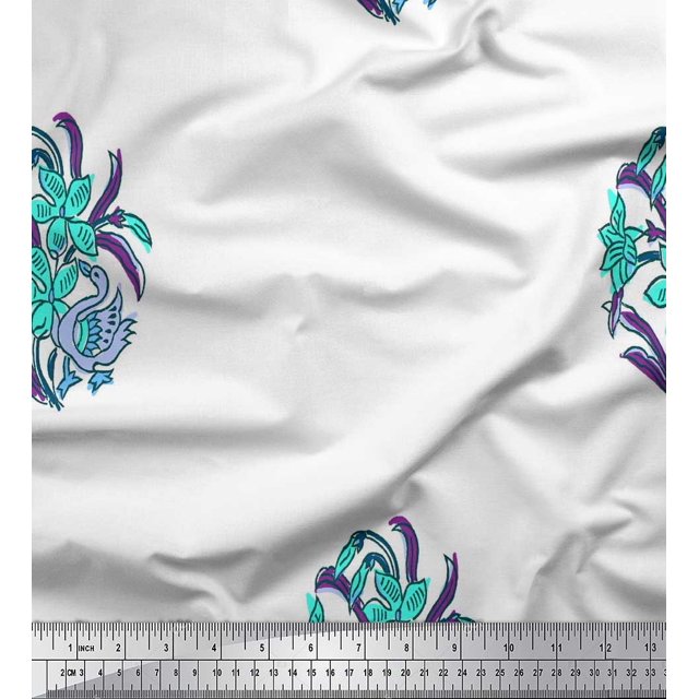 Soimoi Poly Georgette Fabric Leaves,Duck & Floral Block Printed Craft Fabric by The Yard 52 Inch Wide
