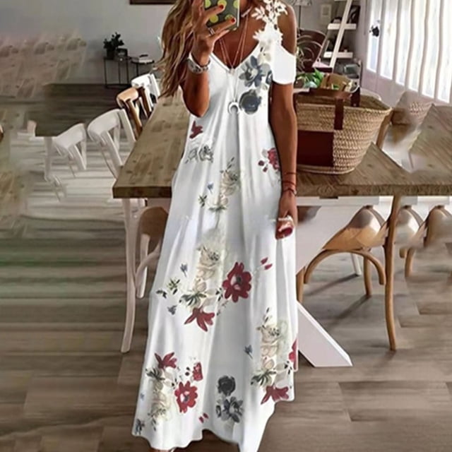 Fankiway Robe d'Été en Dentelle à Bretelles pour Femme, Col en V, Imprimé Mode, Coupe Ample, Robe à Bretelles Col en V, Robes de Plage pour Femmes, Grande Taille, Robes pour Femmes