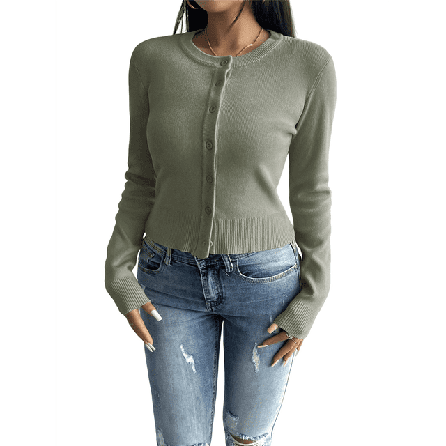Women's Slim Fitted Round Neck Cardigan Sweater Button Down Basic Knit Outerwear Green L
