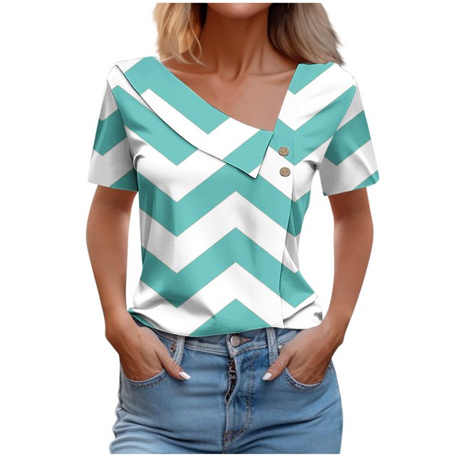 FAIWAD Women Summer Tops Short Sleeve Irregular V Neck Button T-Shirts Geometric Color Block Print Tees Blouses