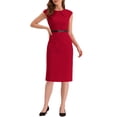thumbnail image 2 of INSPIRE CHIC Robe de Bureau Élégante pour Femmes à Col Rond, Manches Cap, Ceinturée, Robe Fourreau de Travail, 2 of 5