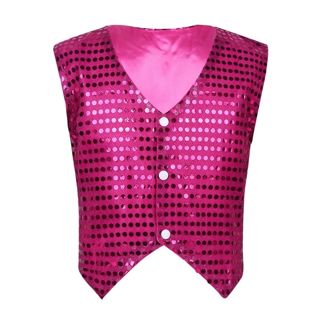 TTAO Enfants Paillettes Hip-Hop Jazz Danse de Rue Costume de Performance Garçons Filles Gilet à Boutons Veste Haut Rose Rouge 130
