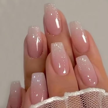 Medium Press on Nails, Ombre Pink Nails Press on Square Fake/False Nails with Glitter Powder Press ons Designs Gloss Acrylic Artificial Nails Stick on Nails for Women 24pcs