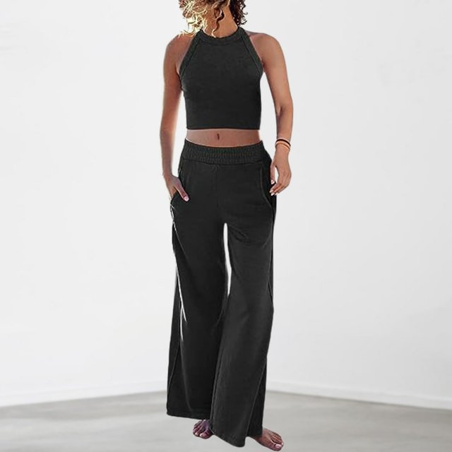 Ensemble Pantalon 2 Pcs Décontracté Col Rond Poches Tenue de Vacances (Noir S)