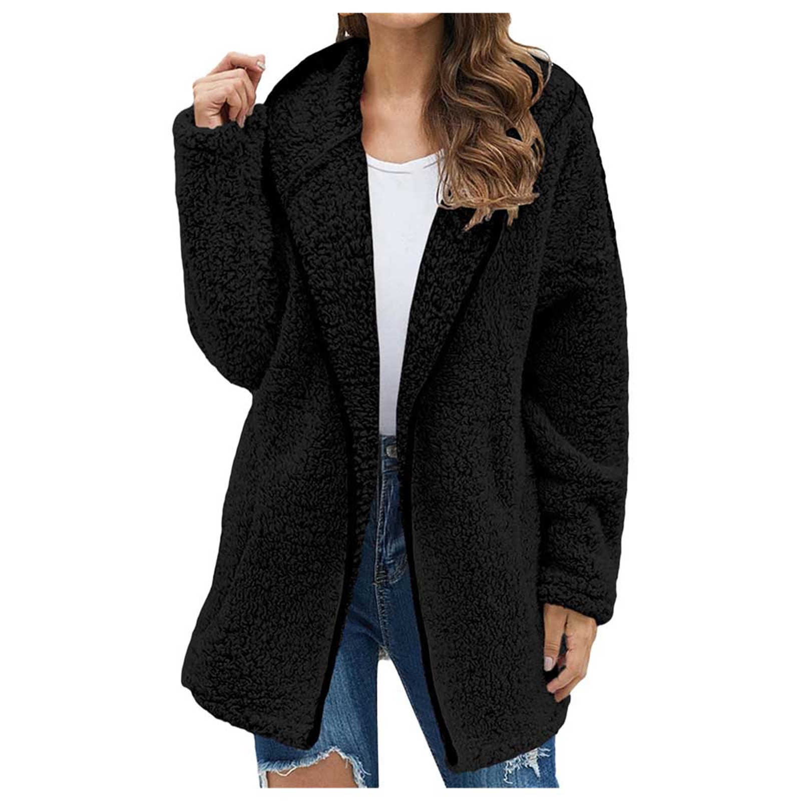 WEIYLL Womens Fleece Jackets Thick Knitted Cardigan Solid Color Sleeve Furry Black Fall Tops Size L