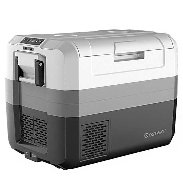 Costway 58 Quart Portable Electric Car Cooler Refrigerator Compressor Freezer Camping in a white, gray, and black design. Features a two-way door, built-in LED light, and sturdy stainless steel handles for portability. Includes dual-zone refrigeration and freezing, fast cooling and energy-saving modes, and a digital control panel for temperature adjustment. Suitable for home, car, and outdoor use with 12/24V DC and 100-240V AC compatibility. Holds up to 84 bottles of 330ml drinks or 17 bottles of 750ml wine. Includes accessories like a metal basket, wine opener, and reusable ice pack.