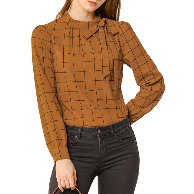INSPIRE CHIC Hauts de Travail pour Femmes Carreaux Col à Nœud Papillon Manches Longues Blouses 2TG Brun