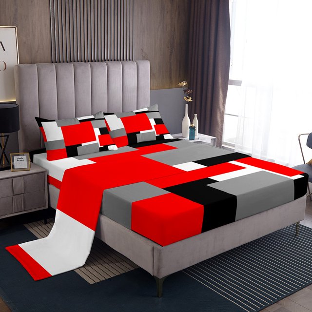 Erosebridal Red Geometric King Sheet Sets, Square Rectangle Bedding King Size, Abstract Stripe Decor 4 Pieces