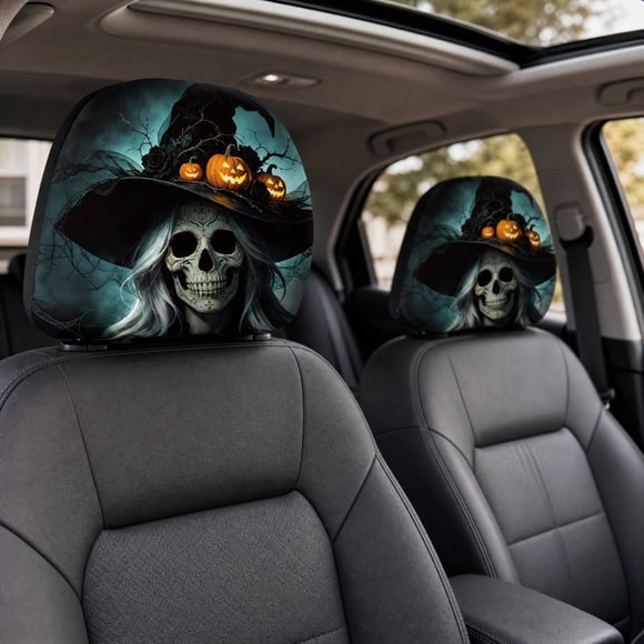 Apmemiss Halloween Skeleton Witch Pumpkin Car Headrest Cover Horror Gothic Printed Stretch Fabric Automotive Head Rest Protector Spooky Vehicle Interior Decor