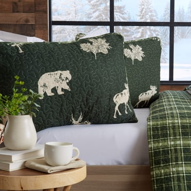 Couvre-lit Lodge Courtepointe Format Double/grand Lit avec 2 Taies d'Oreiller. Ensemble de Courtepointe Réversible 3 Pcs pour Toutes les Saisons de Style Cabane. Couvre-Lit Rustique Ensemble de Literie. Rio Ridge Collection (Vert Forêt)