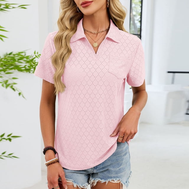 Pisexur Hauts pour Femmes Tendances Mode Chemises Col à Revers Col en V Manches Courtes Blouse Chic Décontractée Tunique Hauts Rose,TG