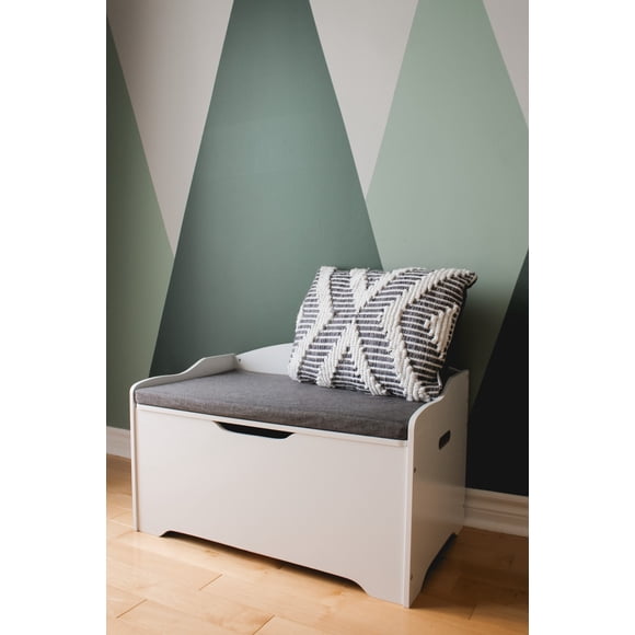 TREASURE KIDS Coffre à Jouets avec Coussin Gris - Banc d'Assise - Meuble Blanc pour Salle de Jeux - Coffre à Jouets pour Enfants et Bébés, Organisateur de Rangement en Bois, Mobilier pour Enfants - Grand