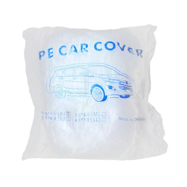 Miulika Disposable Car Cover Waterproof Automobile for Automobiles Sedan Trucks LL, shown in its compact packaging. The cover is made of high-quality PE material, designed to protect vehicles from wind, rain, snow, and sunlight. The packaging features a blue illustration of a car and size details, including LL dimensions of 480cm width and 750cm height. Suitable for sedans, trucks, and SUVs, this car cover is lightweight, portable, and easy to store.