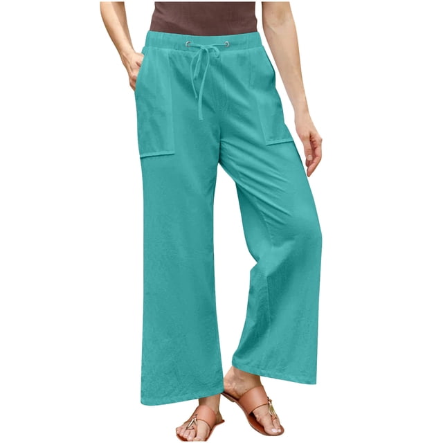 Timegard Pants for Women Plus Size Drawstring Waist Straight Leg Lightweight Casual Loose Trousers
