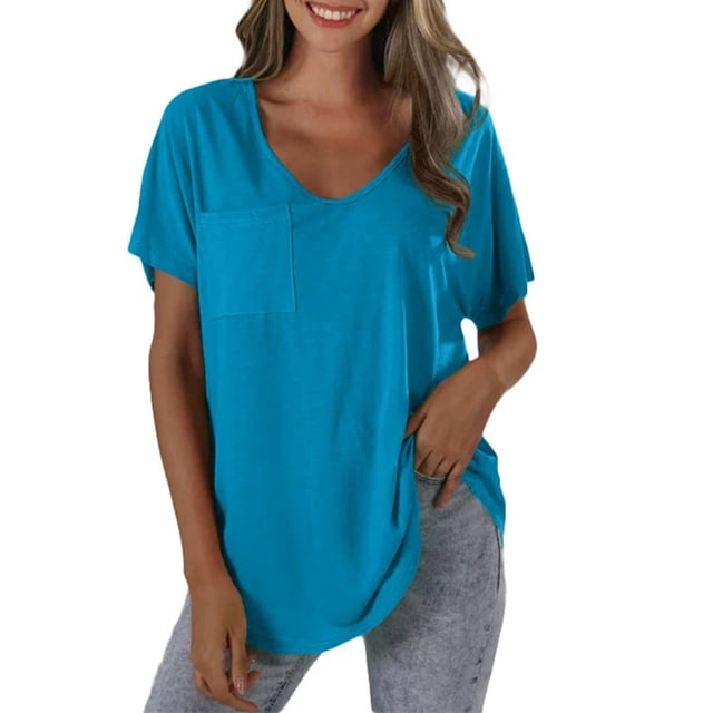 Yubnlvae T-Shirt Décontracté à Poche à Manches Courtes pour Femmes, T-Shirt Décontracté à la Mode pour Femmes Uni avec Poche, Liquidation! Uni, Col Rond, Bleu Ciel, m