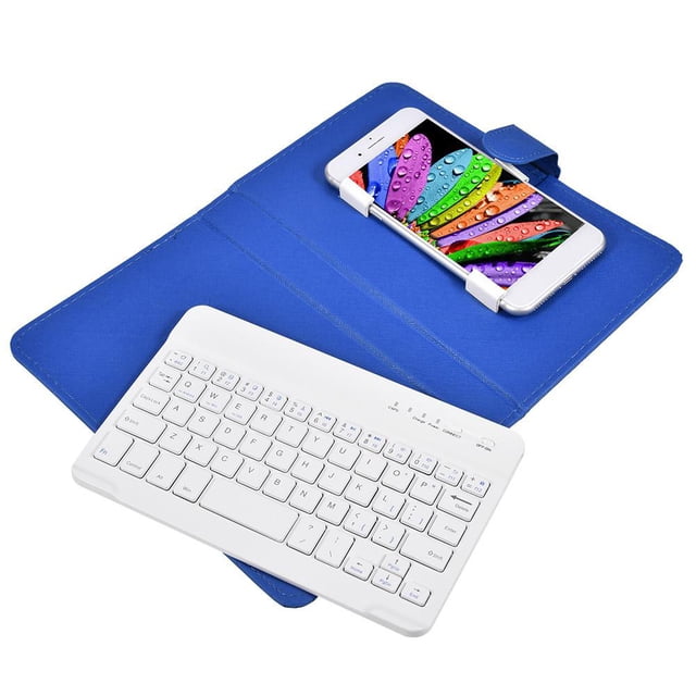 Greensen Universal Wireless Bluetooth Keyboard Flip Case Cover with Stand for iOS/Android Phones, a versatile tablet accessory with a blue PU leather folio design and detachable white Bluetooth keyboard. Compatible with 4.5''-6.8'' devices, it features a built-in stand for hands-free typing, reading, or watching videos.